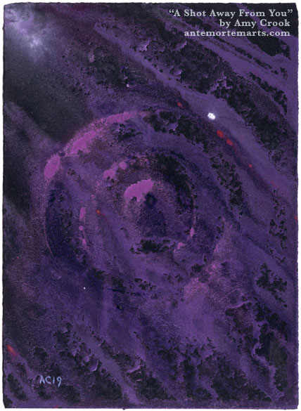 A Shot Away From You, abstract art by Amy Crook, an abstract purple bullseye on black paper