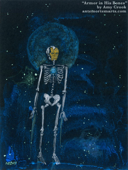 metallic watercolor on black paper of a skeleton wearing an iron man mask sailing through the night sky, by Amy Crook