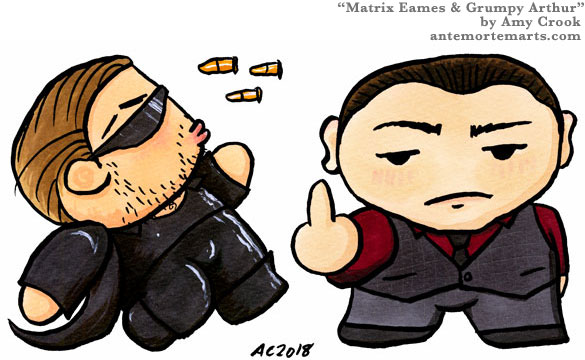 Eames dodging bullets Matrix style and Arthur flipping off the audience, chibi art by Amy Crook