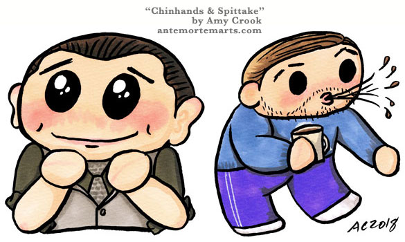 Arthur from Inception doing the chinhands pose, and Eames doing a spittake in chibi style