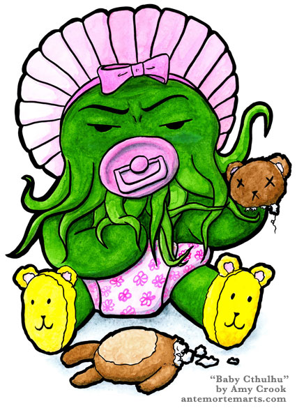 Cthulhu in a pink bonnet and diaper, with yellow teddy bear slippers, holding a teddy bear's head and sucking on a pacifier, by Amy Crook