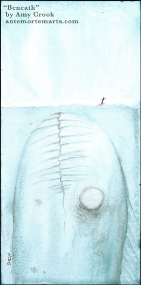 Beneath by Amy Crook, a pencil and watercolor painting in blues with a large marine monster below a tiny surfer