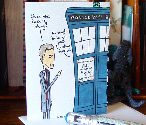 Bollocking the TARDIS, blank greeting card by Amy Crook at Etsy