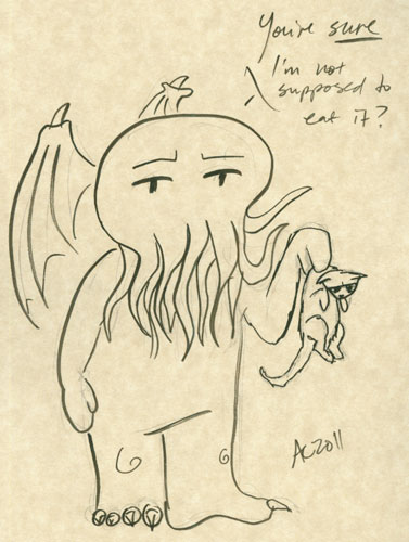 Cthulhu with a Kitten sketch by Amy Crook