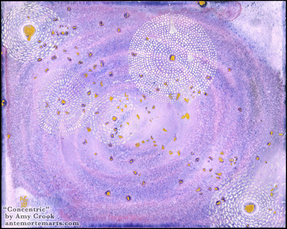 Concentric 1 by Amy Crook, abstract art of white patterns on a purple background with gold flecks