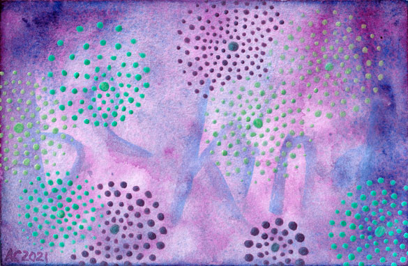 Abstract purple art with bursts of concentric rings of dots over the words 'be kind'