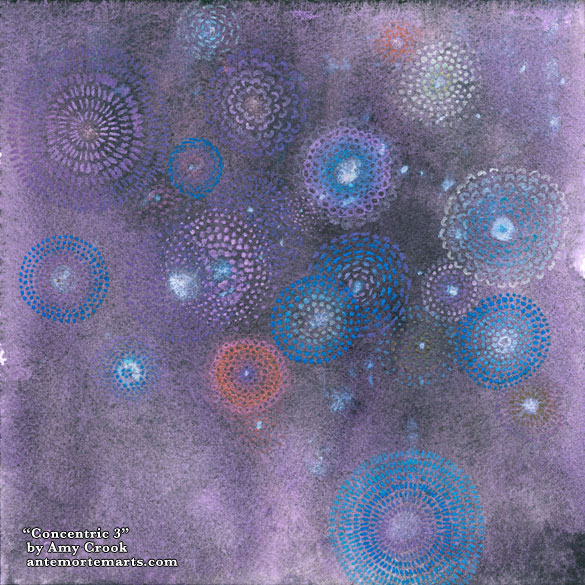 Concentric 3 by Amy Crook, an abstract painting of bursts of shiny color against a deep amethyst background