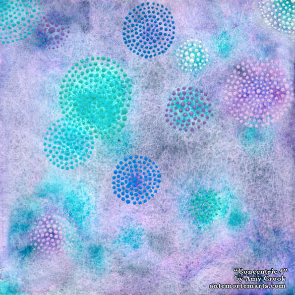 Concentric 4 by Amy Crook, an abstract design of metallic blue, teal, and purple starbursts on a purple cloudy background