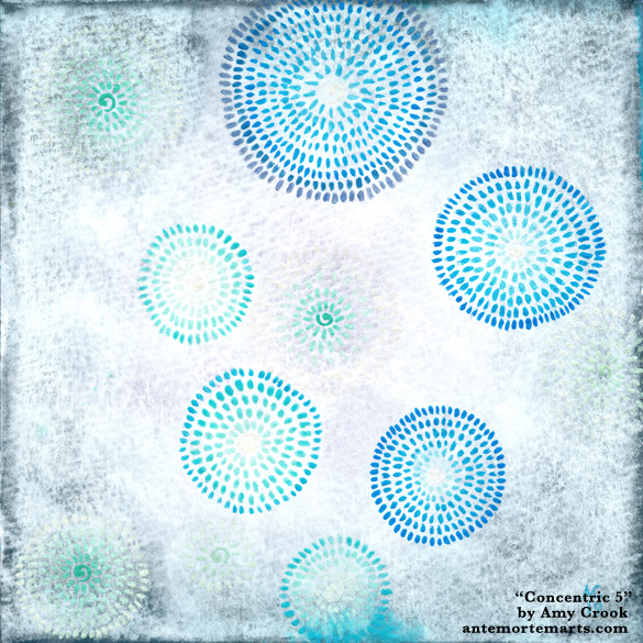 abstract art of blue bursts of concentric dots on a slate blue cloudy background by Amy Crook