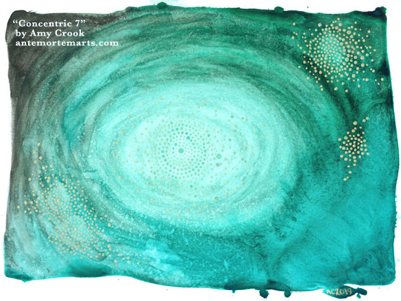 Concentric 7 by Amy Crook, abstract art of a swirling green background and floating golden dots