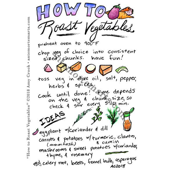 a recipe for How to Roast Vegetables, hand lettered and illustrated by Amy Crook