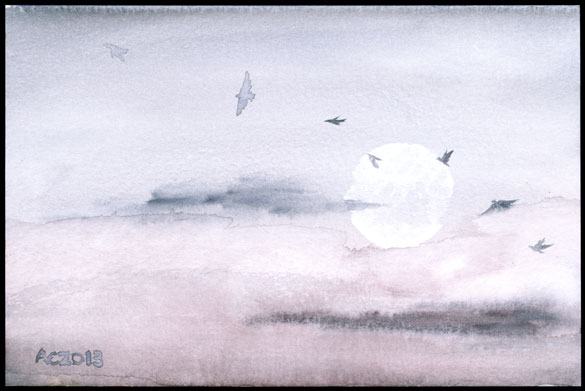 Crows at Dusk, watercolor skyscape by Amy Crook
