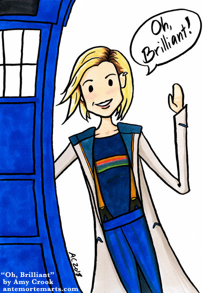 parody cartoon of the 13th Doctor next to the TARDIS saying, Oh Brilliant!