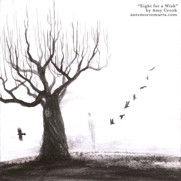 Eight for a Wish by Amy Crook, a gloomy watercolor of a bare tree, eight crows, and a grumpy ghost