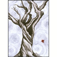 a bare, twisted tree with a single falling red leaf in front of swirling grey fog, ink art by Amy Crook