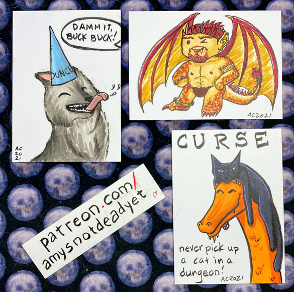 sketch cards of a wolf, a half dragon, and a kobold with a cat on its head