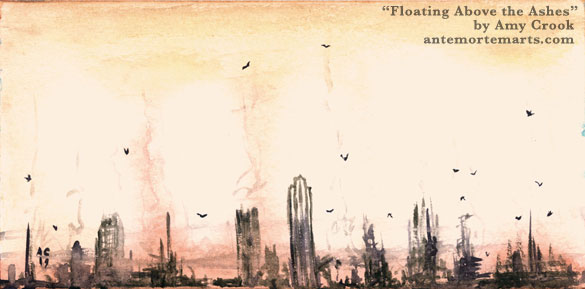Floating Above the Ashes by Amy Crook, delicate ruins smoking in front of a ruddy sunset sky, birds flying above