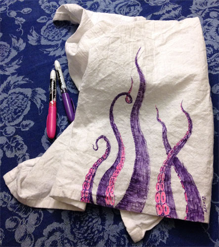 Sharpie Tentacles on a Flour Sack Dish Towel by Amy Crook