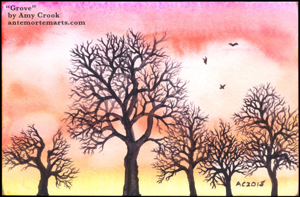 Grove by Amy Crook, a waterclor painting of five dormant trees against a sunset with three birds flying