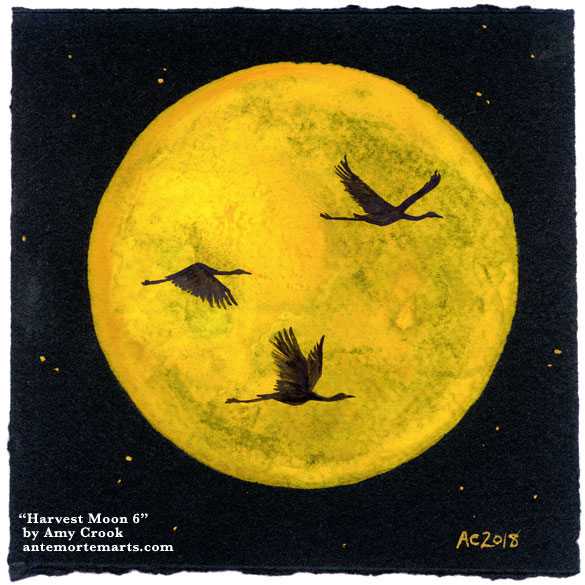 Harvest Moon 6 by Amy Crook, 3 sandhill cranes in silhouette against a golden full moon
