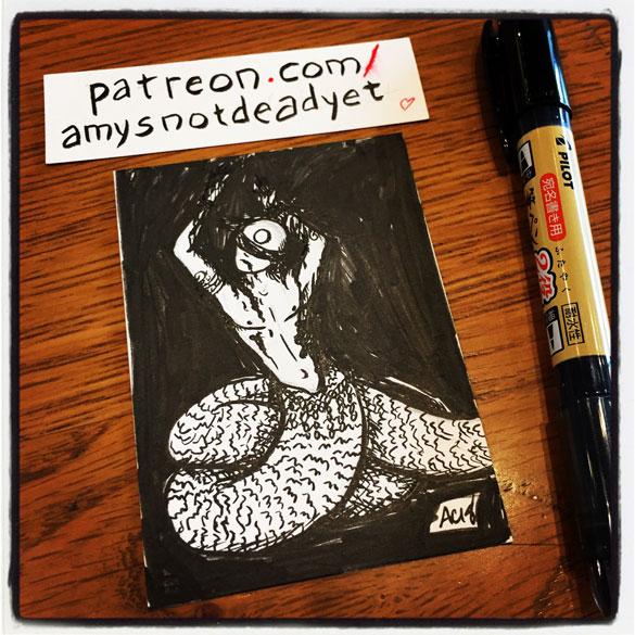pen and ink drawing of a blindfolded, dancing Naga spattered with blood
