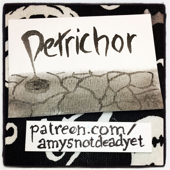 brush and ink word art of the word petrichor dripping onto cracked dry ground