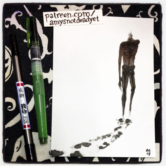 an ink wash painting of a headless ghost leaving ashy footprints behind him by Amy Crook