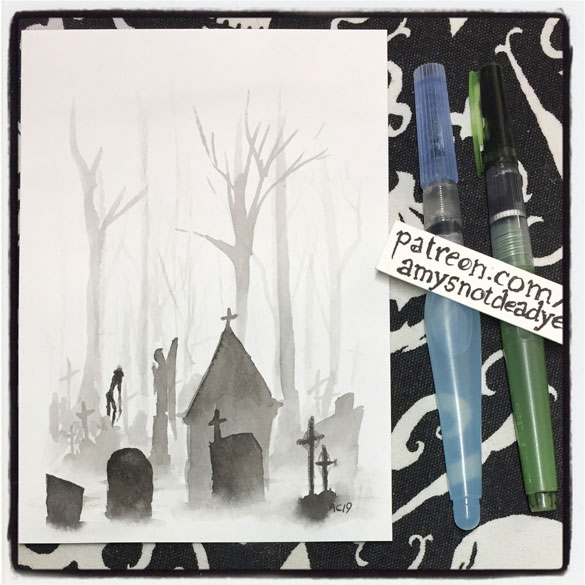 an ink wash painting of a graveyard with a headless ghost moving through the fog by Amy Crook