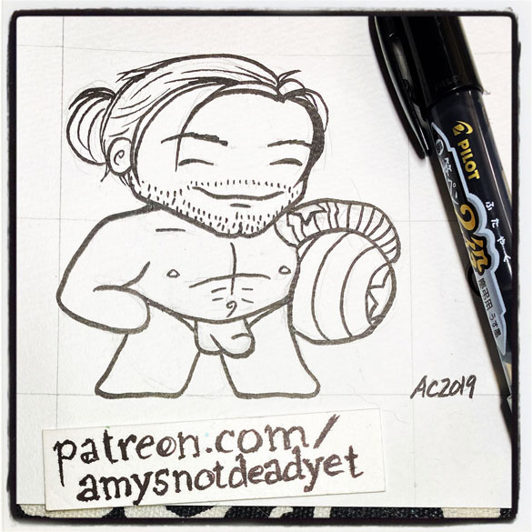 a chibi ink drawing of Bucky Barnes in a speedo holding a Captain America beach ball by Amy Crook