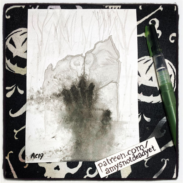 an ink wash painting of a cracked gravestone with an ashy handprint blowing away in the wind by Amy Crook