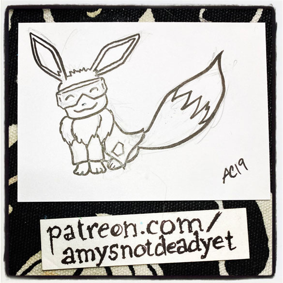 an ink drawing of Eevee in a lab coat and goggles by Amy Crook