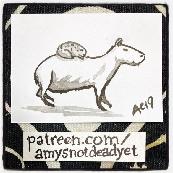 an ink wash painting of a capybara being ridden by a toad by Amy Crook