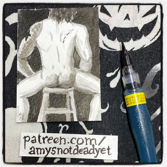 an ink wash painting of a nude Winter Soldier sitting on a stool, back to the audience, by Amy Crook
