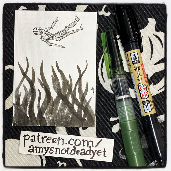 an ink wash painting of a tiny iron man falling into tentacles by Amy Crook