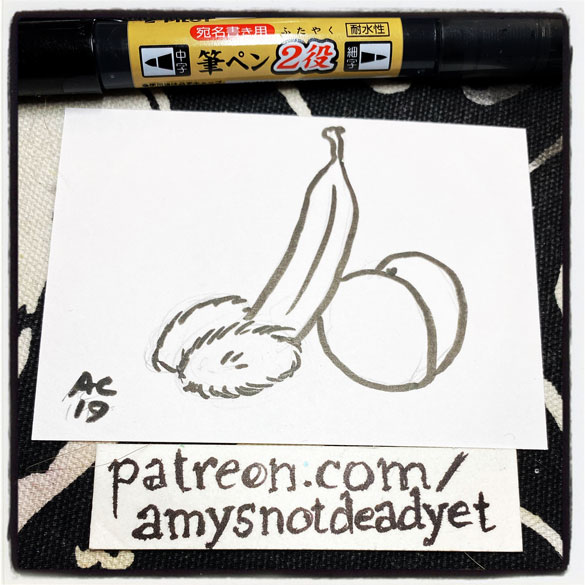 an ink drawing of a banana, two kiwis, and a peach by Amy Crook