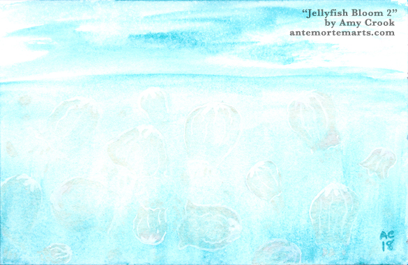 Jellyfish Bloom 2 by Amy Crook, a strange watercolor painting of transparent jellyfish against a turquoise ocean