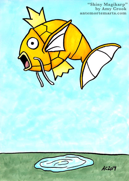 a golden shiny magikarp leaping upward above a tiny pond far below, by Amy Crook