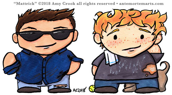 chibi Matt Usher and Patrick Reed from Swan Song, art by Amy Crook, with bonus Bach