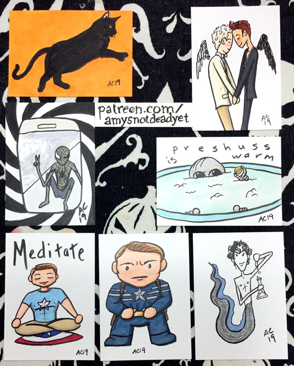 drawings of a black cat, good omens, spider-man, gollum, captain america, and merlock holmes