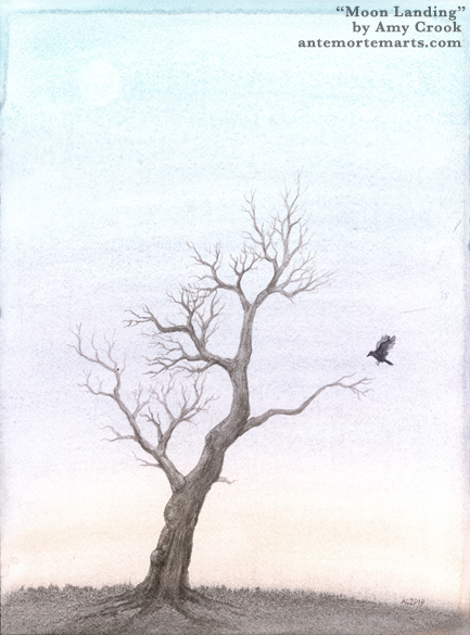 Moon Landing by Amy Crook, watercolor painting of a crow landing on a bare branch under a daylight moon