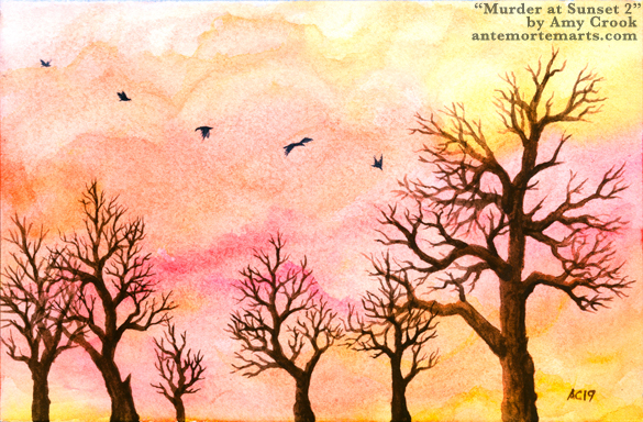 Murder at Sunset 2 by Amy Crook, a watercolor of brown winter trees in front of an orange sunset with five flying crows