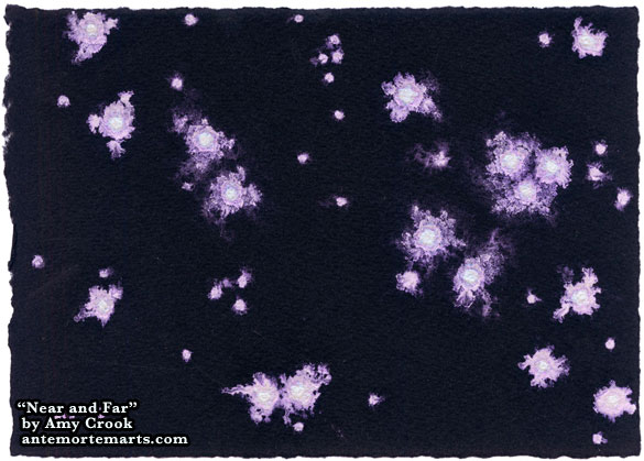 Near and Far by Amy Crook, abstract art of interference violet and blue stars on black paper