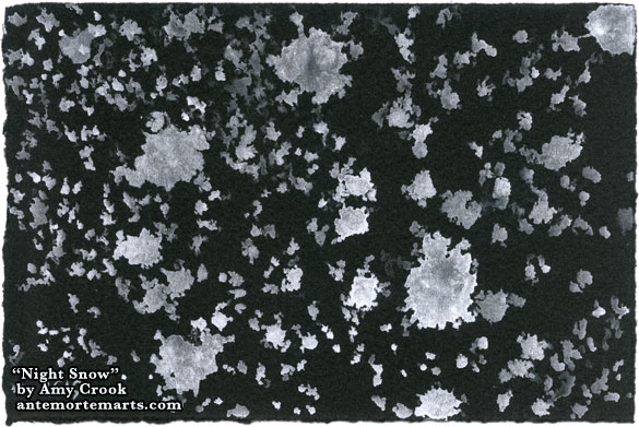 abstract art of white ink on black paper depicting a flurry of fat snowflakes by Amy Crook