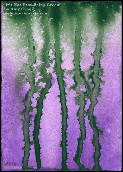 It’s Not Easy Being Green by Amy Crook, abstract watercolor of green bleeding into purple