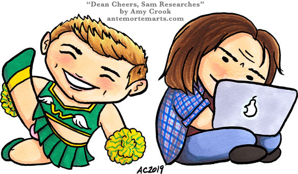 Dean Cheers, Sam Researches, chibi fan art by Amy Crook of Dean as a cheerleader and Sam doing research on his laptop