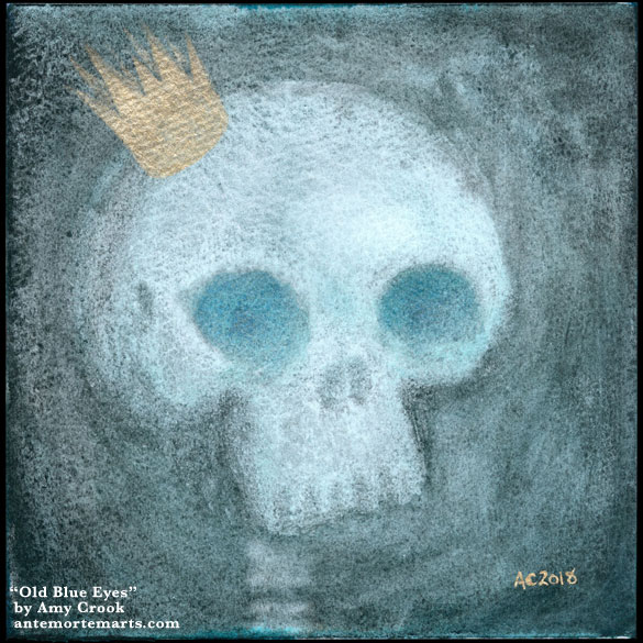 Old Blue Eyes by Amy Crook, a painting of a whimsical-creepy skull with no jaw, a crown, and glowing blue eye sockets