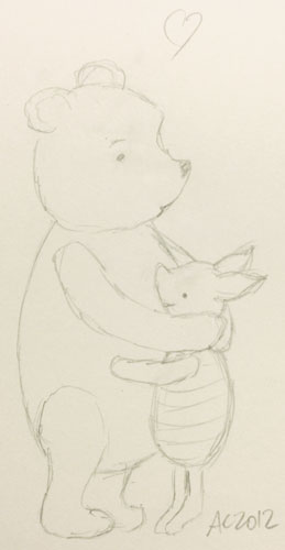 Pooh and Piglet hugging, sketch by Amy Crook