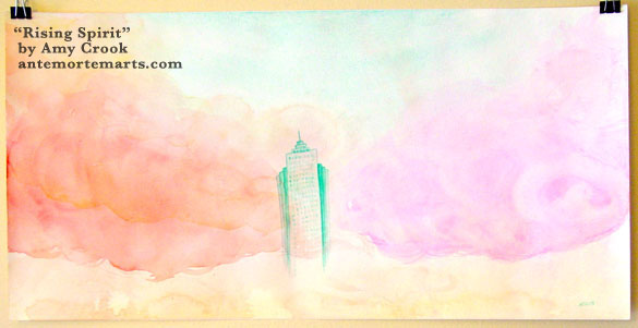 Rising Spirit, a large watercolor of a ghostly building against a sunrise of pink clouds by Amy Crook