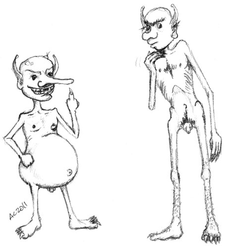 Rude Goblins (with tiny wangs), sketch by Amy Crook