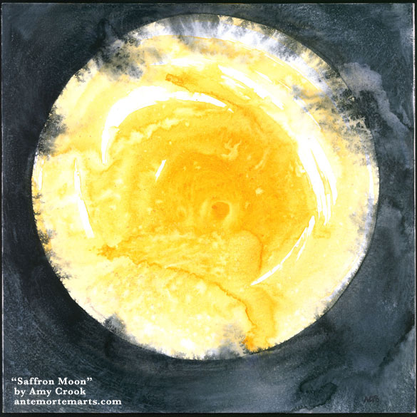 Saffron Moon by Amy Crook, an abstract watercolor with a golden yellow circle against blue-black